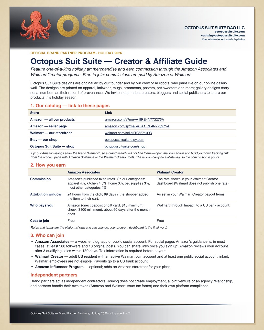 The Octopus Suit Suite brand partner brochure, page 1 of 2: our catalog links, how you earn, and who can join.