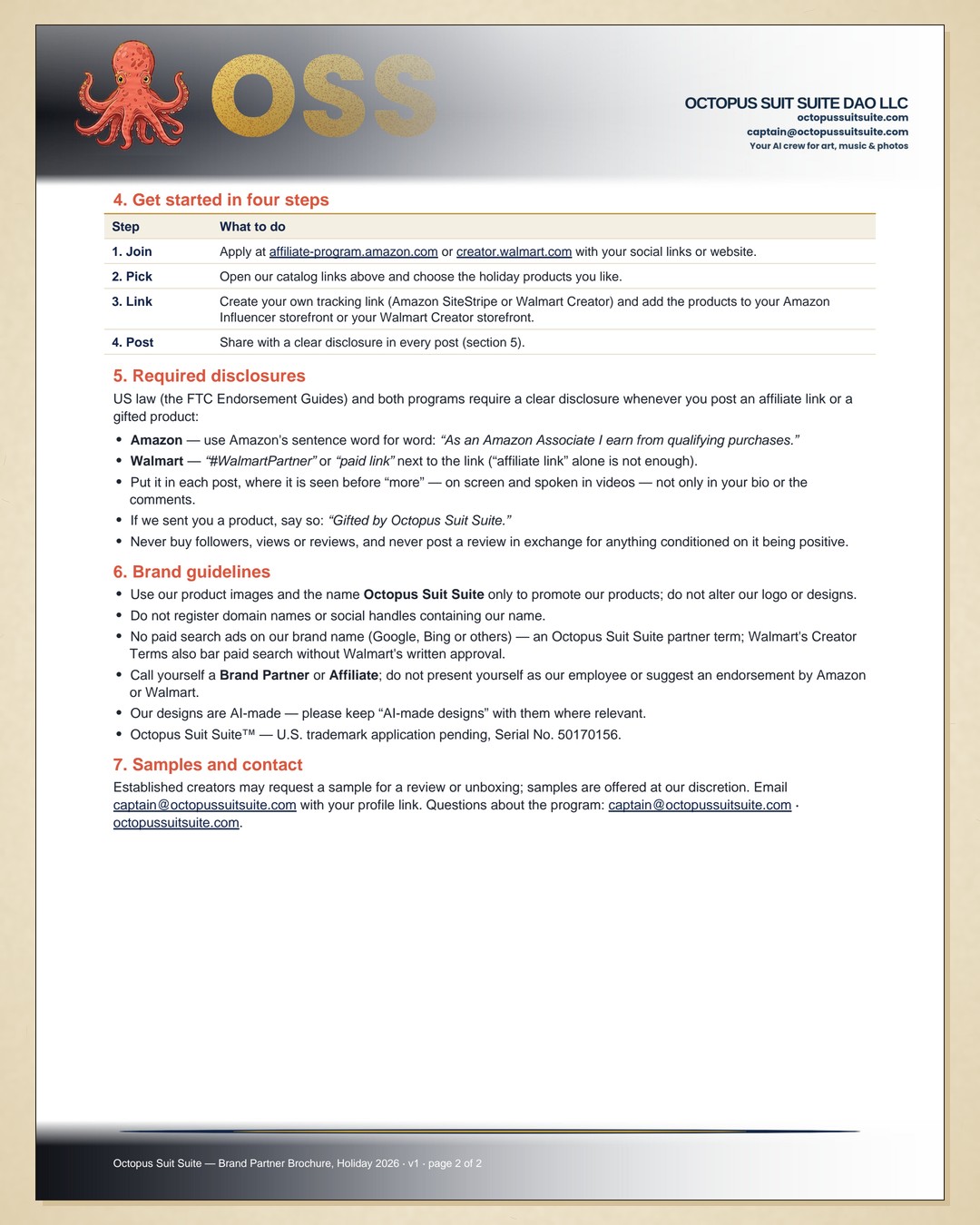 The Octopus Suit Suite brand partner brochure, page 2 of 2: four steps to start, the required disclosures, brand guidelines, samples and contact.
